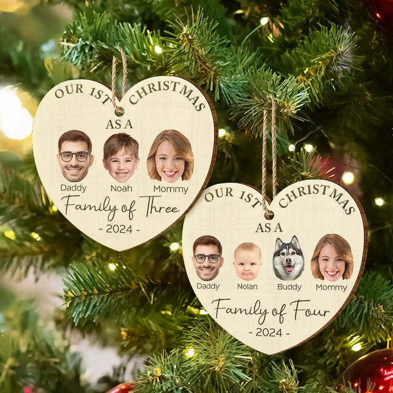 Family - Custom Photo First Christmas As A Family Of Four - Personalized Custom Shaped Wooden Ornament