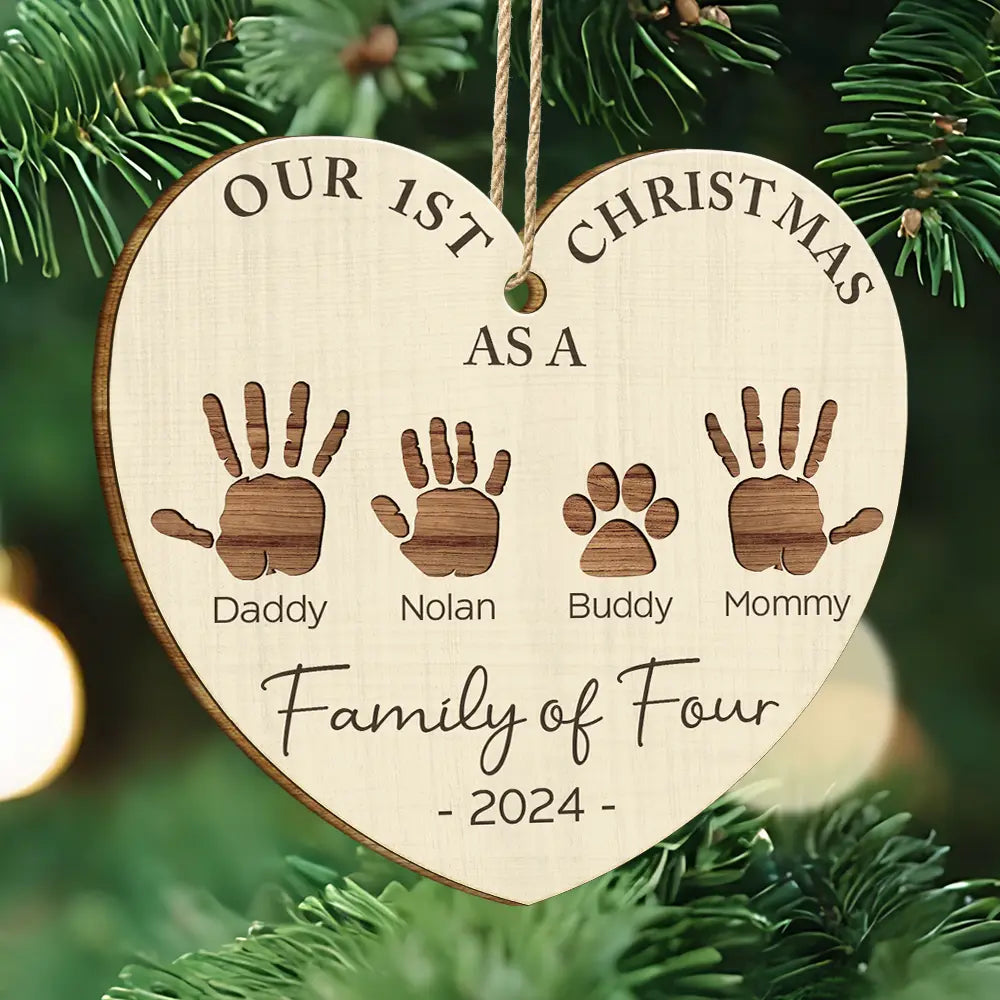 Family, Pet Lovers - First Christmas As A Family Of Four Handprints - Personalized Custom Shaped Wooden Ornament