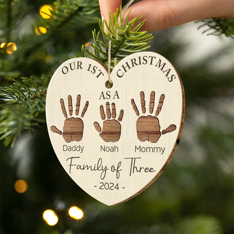 Family, Pet Lovers - First Christmas As A Family Of Four Handprints - Personalized Custom Shaped Wooden Ornament