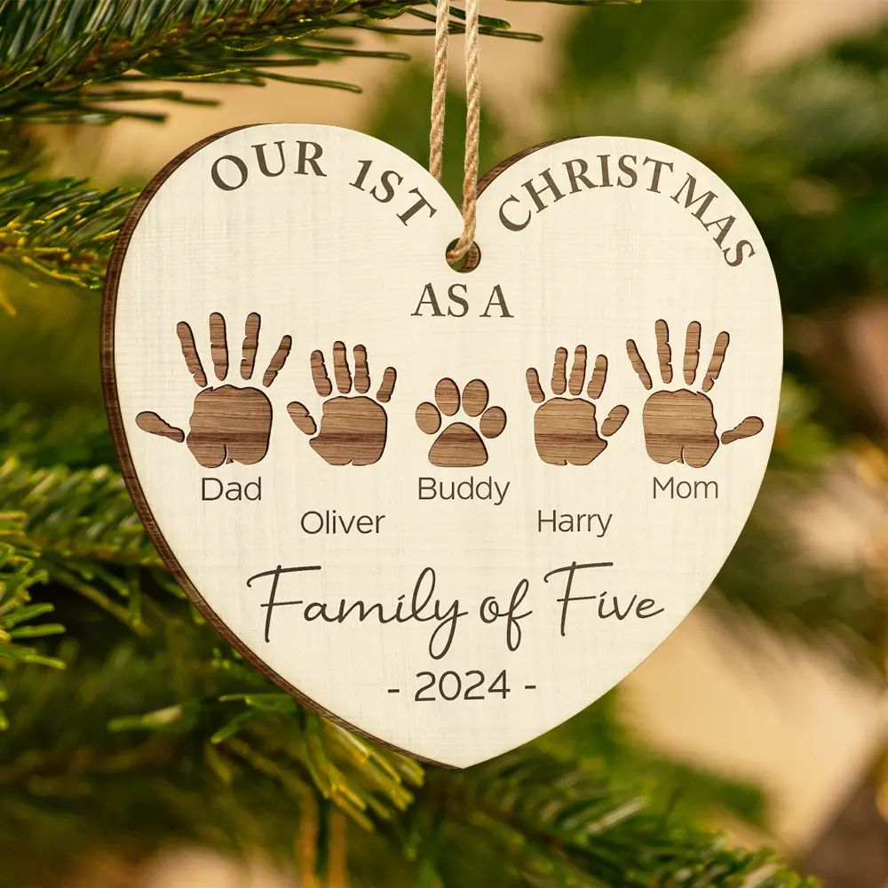 Family, Pet Lovers - First Christmas As A Family Of Four Handprints - Personalized Custom Shaped Wooden Ornament