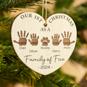 Family, Pet Lovers - First Christmas As A Family Of Four Handprints - Personalized Custom Shaped Wooden Ornament