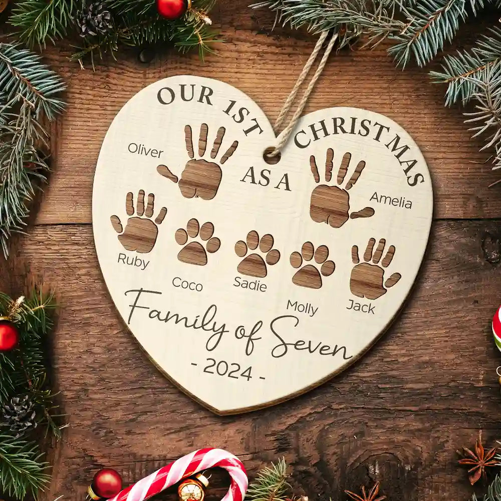 Family, Pet Lovers - First Christmas As A Family Of Four Handprints - Personalized Custom Shaped Wooden Ornament