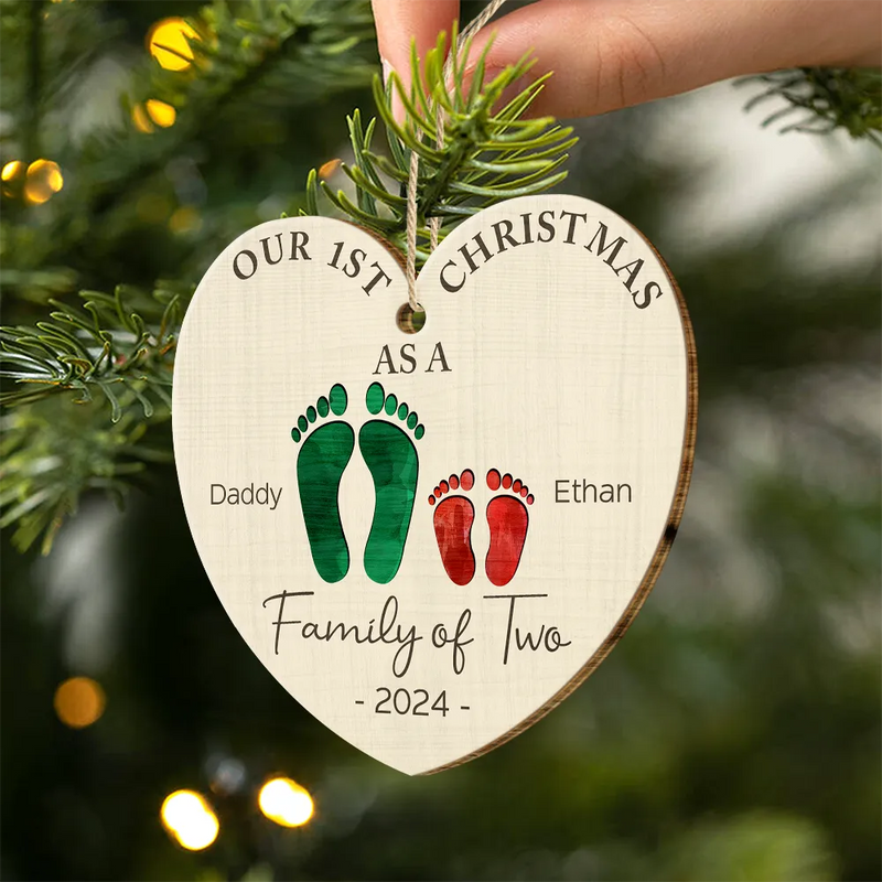 Family - First Christmas As A Family Of Four Color Footprints - Personalized Custom Shaped Wooden Ornament