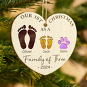 Family - First Christmas As A Family Of Four Color Footprints - Personalized Custom Shaped Wooden Ornament