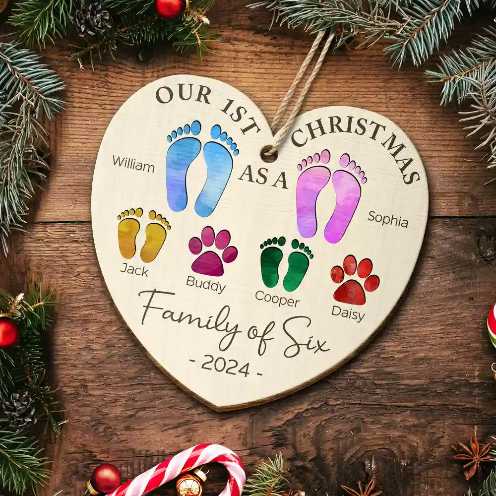 Family - First Christmas As A Family Of Four Color Footprints - Personalized Custom Shaped Wooden Ornament