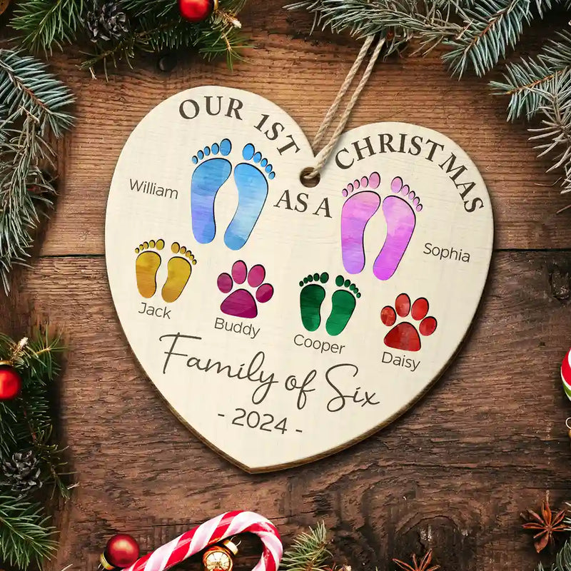 Family - First Christmas As A Family Of Four Color Footprints - Personalized Custom Shaped Wooden Ornament