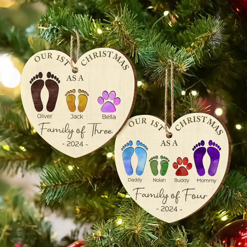 Family - First Christmas As A Family Of Four Color Footprints - Personalized Custom Shaped Wooden Ornament