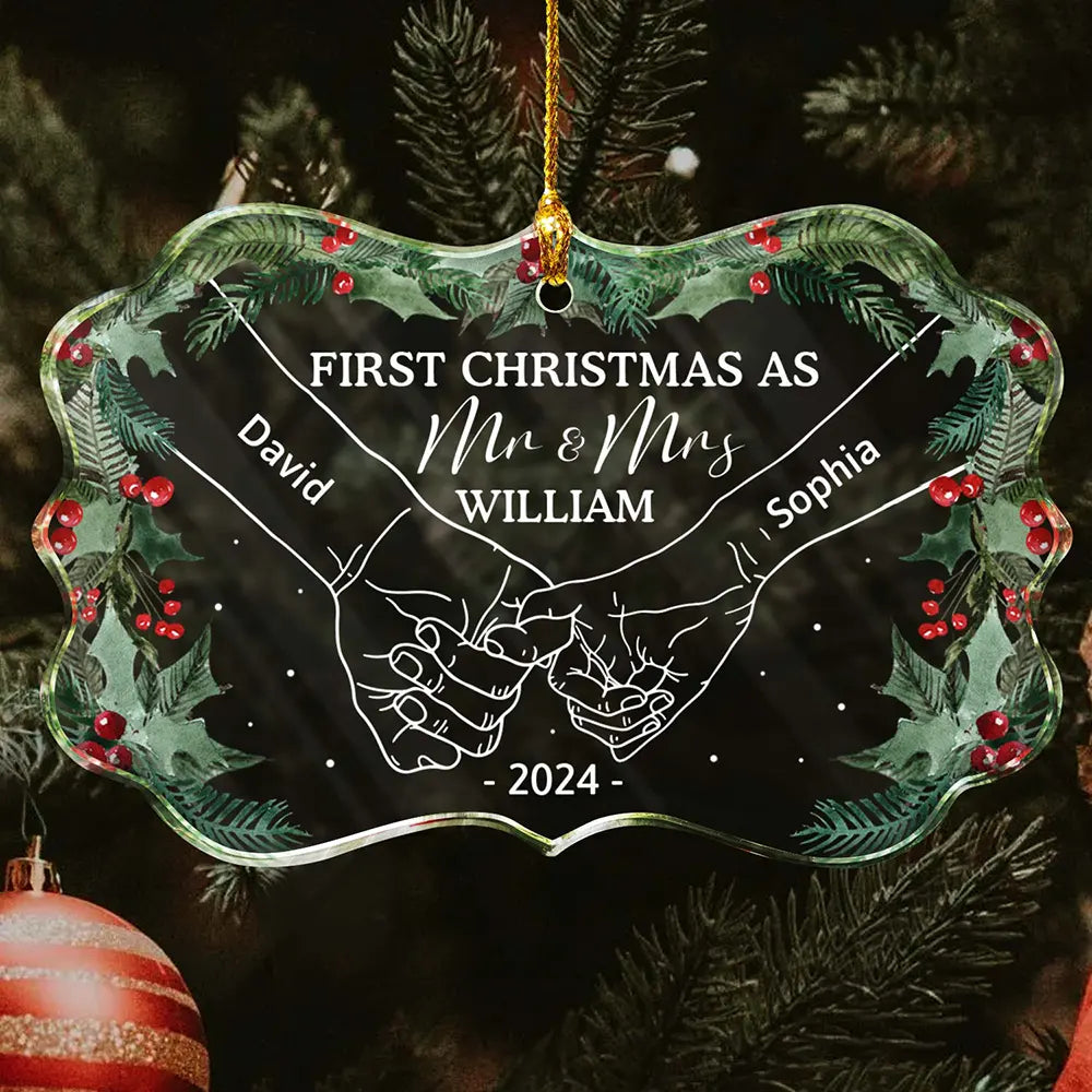 Gift For Couples - Holding Hands First Christmas As Mr & Mrs Couple - Personalized Medallion Glass Ornament