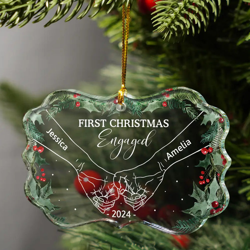 Gift For Couples - Holding Hands First Christmas As Mr & Mrs Couple - Personalized Medallion Glass Ornament