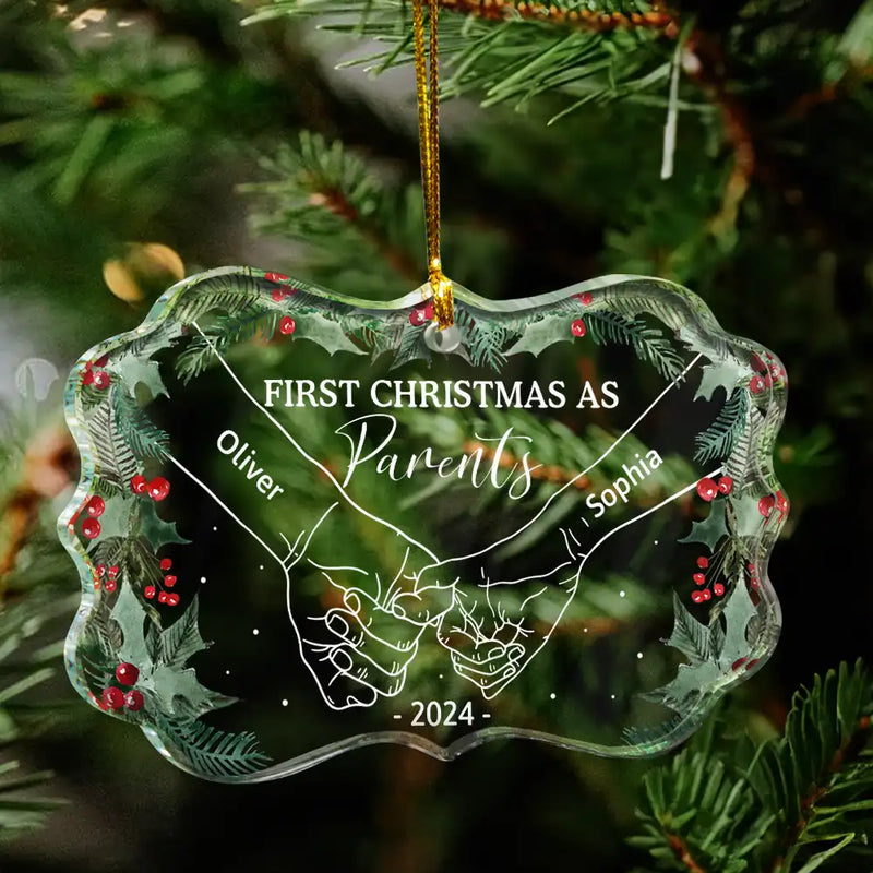 Gift For Couples - Holding Hands First Christmas As Mr & Mrs Couple - Personalized Medallion Glass Ornament