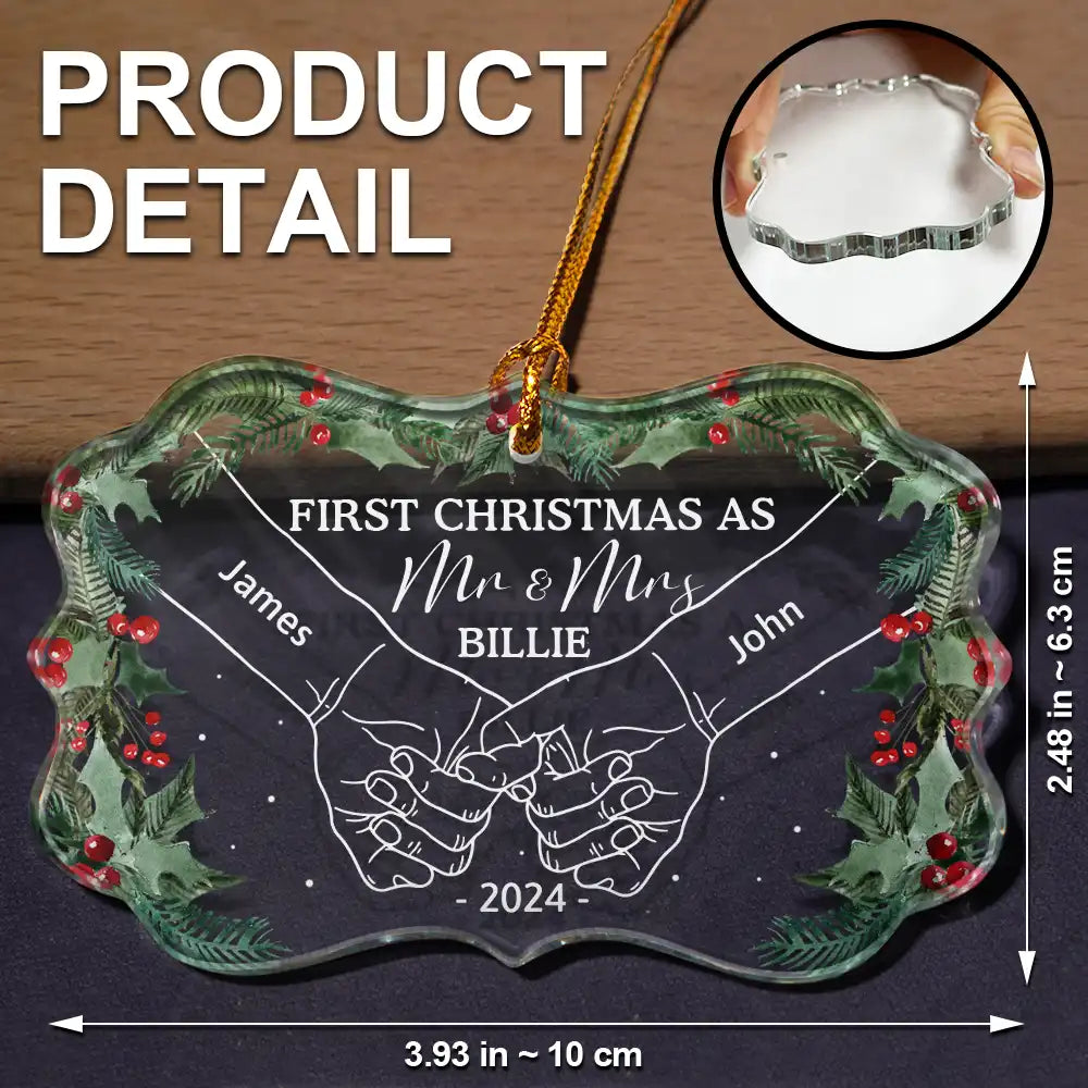 Gift For Couples - Holding Hands First Christmas As Mr & Mrs Couple - Personalized Medallion Glass Ornament