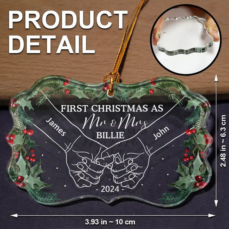 Gift For Couples - Holding Hands First Christmas As Mr & Mrs Couple - Personalized Medallion Glass Ornament