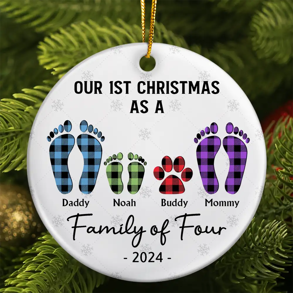 First Christmas As A Family Of Four Flannel Footprints - Personalized Circle Ceramic Ornament