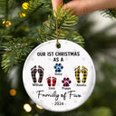 Family, Parents - First Christmas As A Family Of Four Flannel Footprints - Personalized Circle Ceramic Ornament