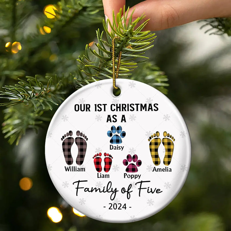 Family, Parents - First Christmas As A Family Of Four Flannel Footprints - Personalized Circle Ceramic Ornament