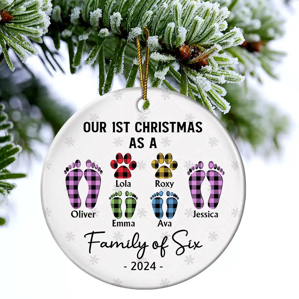 Family, Parents - First Christmas As A Family Of Four Flannel Footprints - Personalized Circle Ceramic Ornament