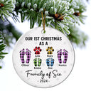 Family, Parents - First Christmas As A Family Of Four Flannel Footprints - Personalized Circle Ceramic Ornament