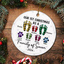 Family, Parents - First Christmas As A Family Of Four Flannel Footprints - Personalized Circle Ceramic Ornament