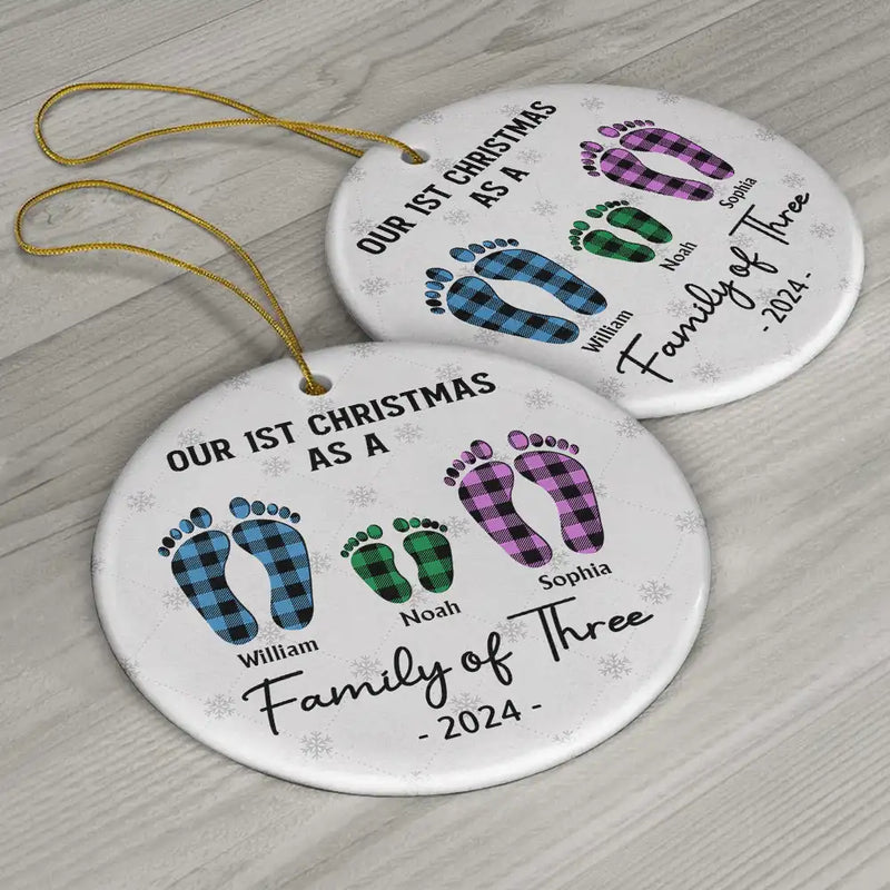 Family, Parents - First Christmas As A Family Of Four Flannel Footprints - Personalized Circle Ceramic Ornament