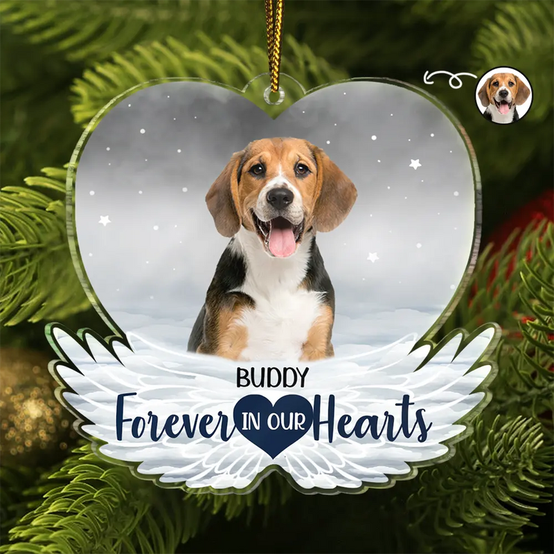 Christmas,Sad,Pet Lovers,Cat Lovers,Dog Lovers,Memorial - Custom Photo Pet Face Forever In Our Hearts Dog Cat Family - Personalized Custom Shaped Acrylic Ornament