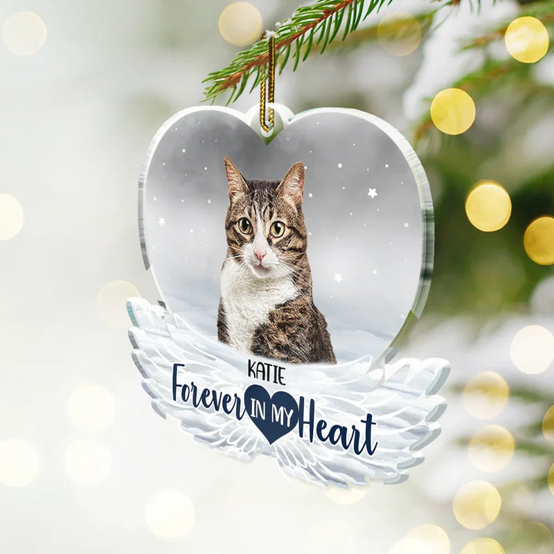Christmas,Sad,Pet Lovers,Cat Lovers,Dog Lovers,Memorial - Custom Photo Pet Face Forever In Our Hearts Dog Cat Family - Personalized Custom Shaped Acrylic Ornament