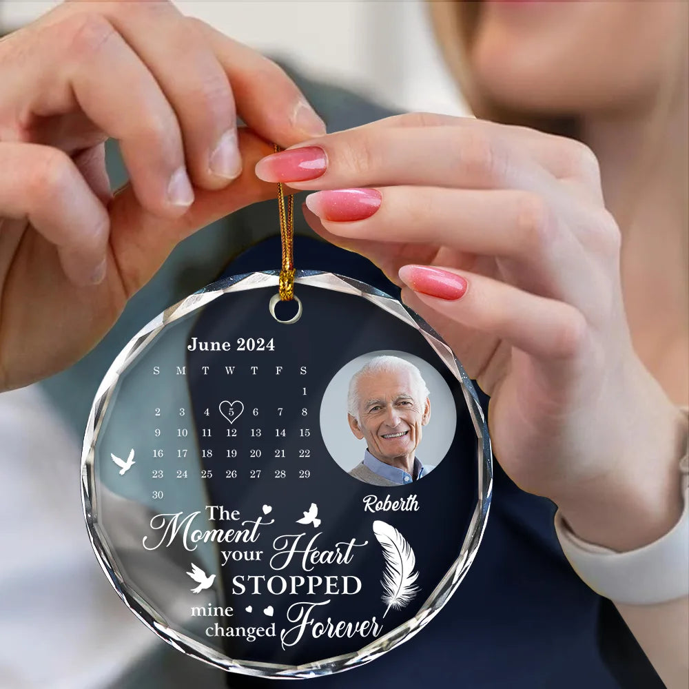 Family, Parents, Gift For Grandparents, Gift For Sibling - Custom Photo The Moment Your Heart Stopped Memorial Calendar - Personalized Circle Glass Ornament
