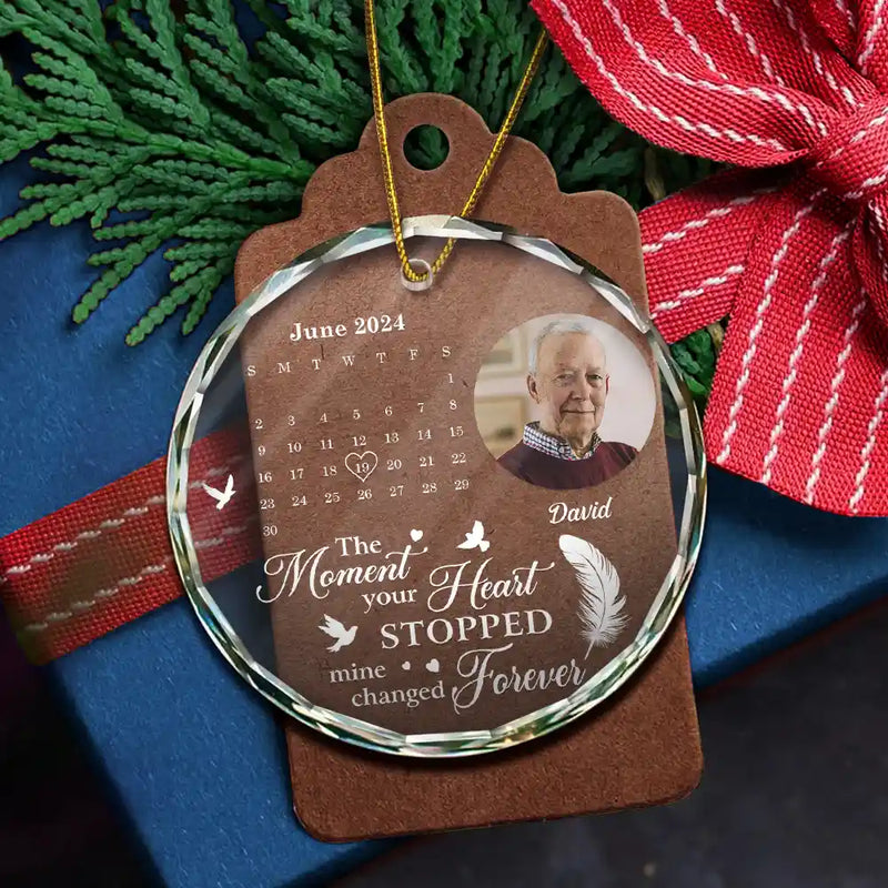Family, Parents, Gift For Grandparents, Gift For Sibling - Custom Photo The Moment Your Heart Stopped Memorial Calendar - Personalized Circle Glass Ornament