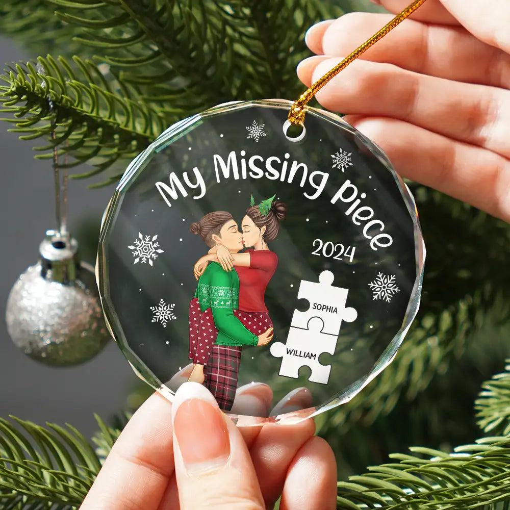 Gift For Couples, Gift For Husband, Gift For Wife, Gift For Boyfriend, Gift For Girlfriend - My Missing Piece Christmas Couple - Personalized Circle Glass Ornament
