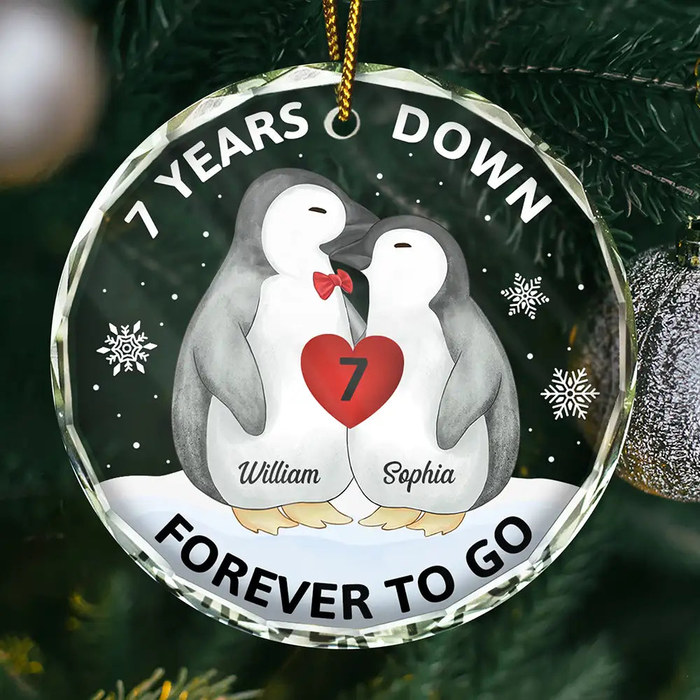 Christmas,Love,Gift For Couples,Gift For Husband,Gift For Wife,Gift For Boyfriend,Gift For Girlfriend,Anniversary - Forever To Go Penguin Couple - Personalized Circle Glass Ornament