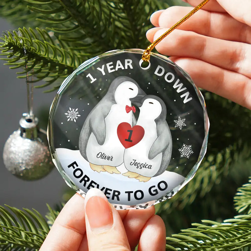 Christmas,Love,Gift For Couples,Gift For Husband,Gift For Wife,Gift For Boyfriend,Gift For Girlfriend,Anniversary - Forever To Go Penguin Couple - Personalized Circle Glass Ornament