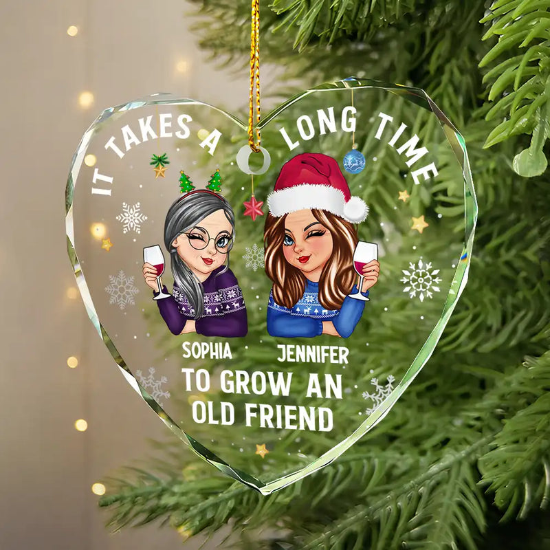 Gift For Bestie, Gifts For Colleagues, Gift For Sisters - It Takes A Long Time To Grow An Old Friend Christmas - Personalized Heart Shaped Glass Ornament