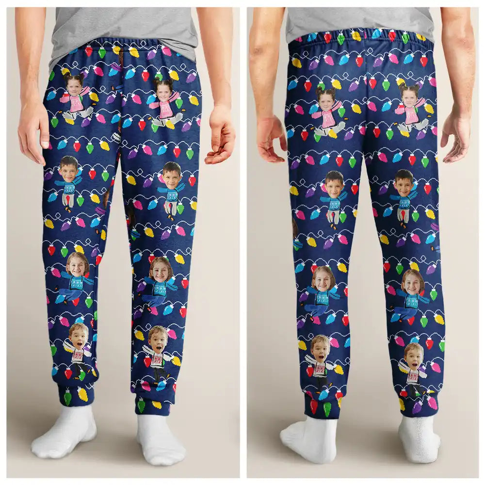 Happy,Family,Gift For Grandparents,Parents,Christmas - Custom Photo Funny Kids Christmas Light - Personalized Pajama Pants
