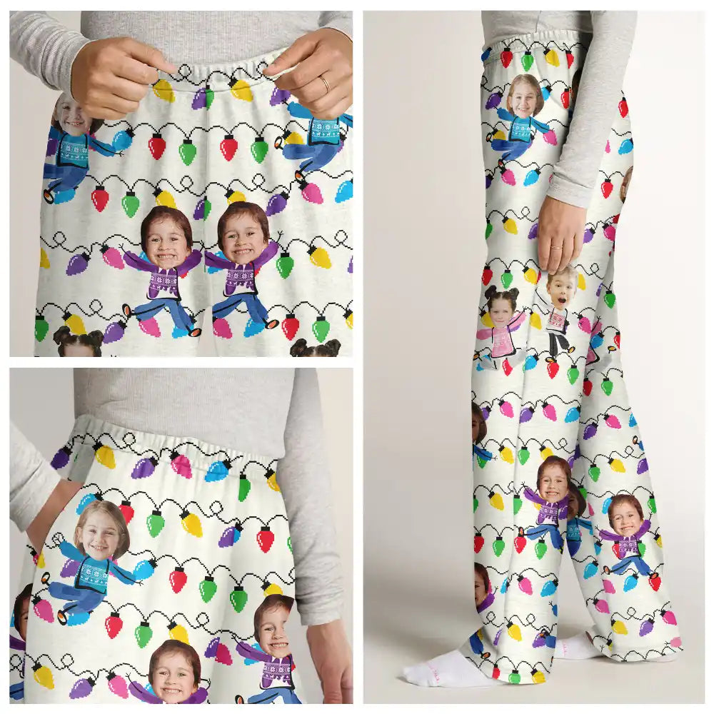 Happy,Family,Gift For Grandparents,Parents,Christmas - Custom Photo Funny Kids Christmas Light - Personalized Pajama Pants