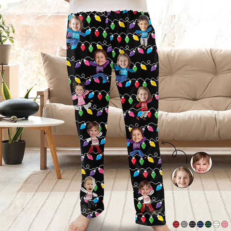 Happy,Family,Gift For Grandparents,Parents,Christmas - Custom Photo Funny Kids Christmas Light - Personalized Pajama Pants