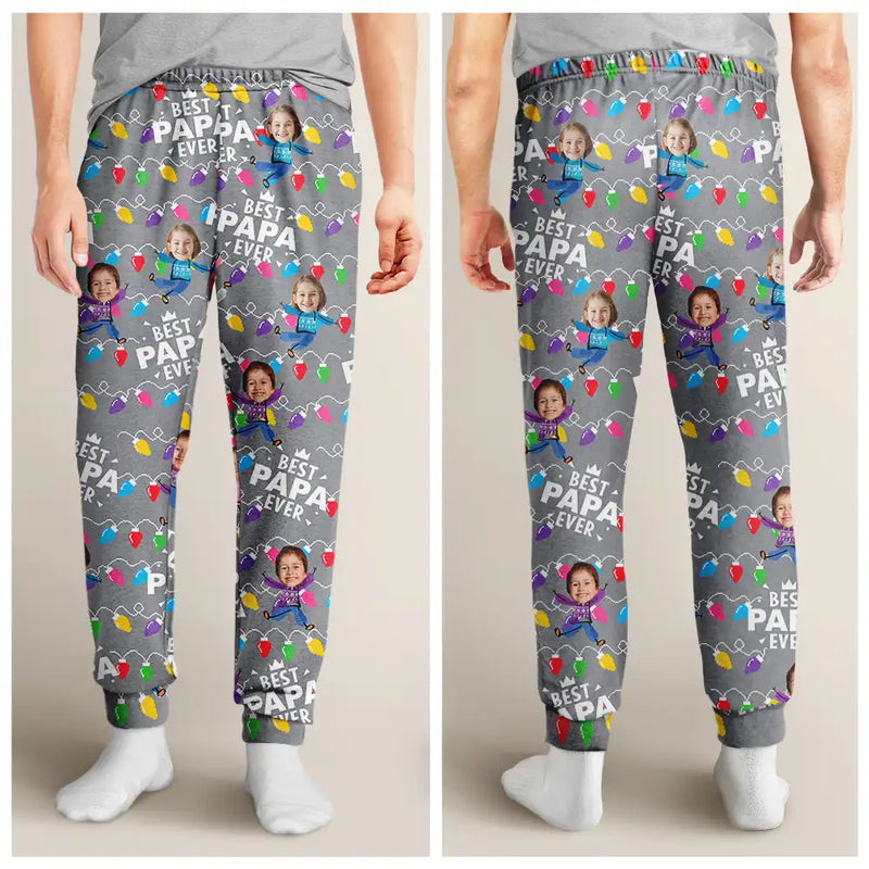 Family - Custom Photo Funny Kids Best Dad Grandpa Ever Christmas Light - Personalized Pajama Pants