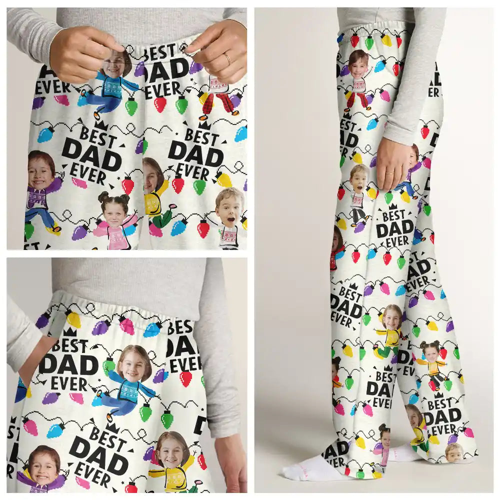 Family - Custom Photo Funny Kids Best Dad Grandpa Ever Christmas Light - Personalized Pajama Pants