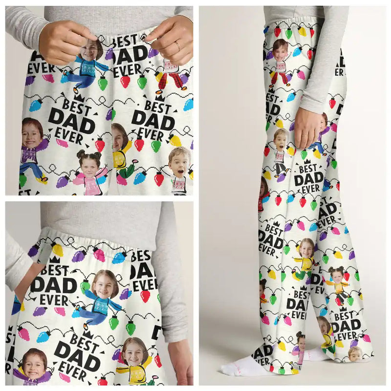 Family - Custom Photo Funny Kids Best Dad Grandpa Ever Christmas Light - Personalized Pajama Pants