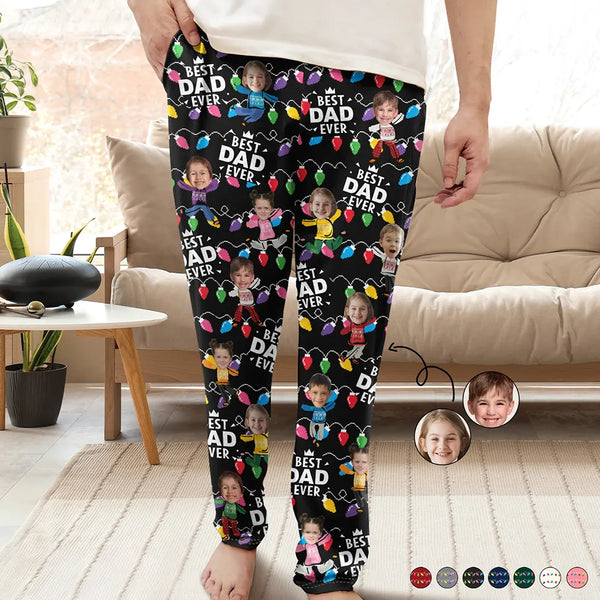 Family - Custom Photo Funny Kids Best Dad Grandpa Ever Christmas Light - Personalized Pajama Pants