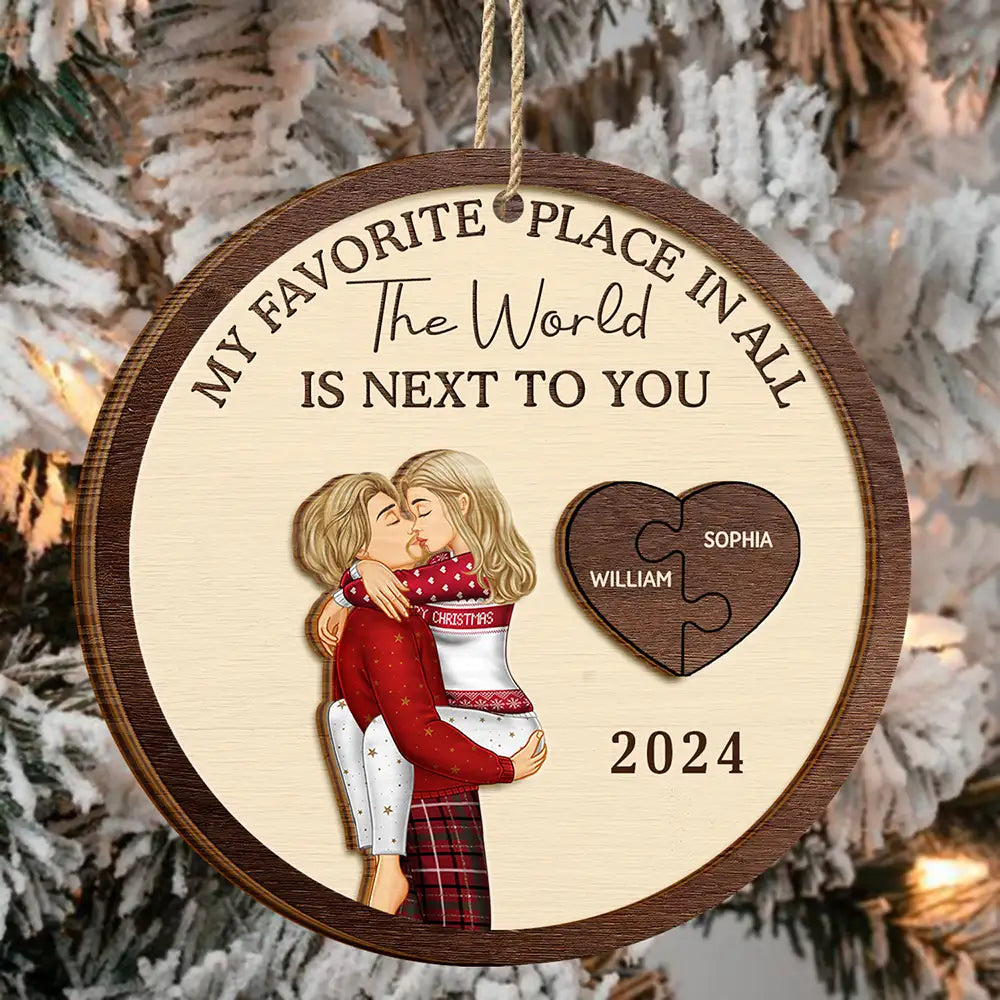 My Favorite Place In All The World Kissing Couples - Personalized 2-Layered Wooden Ornament