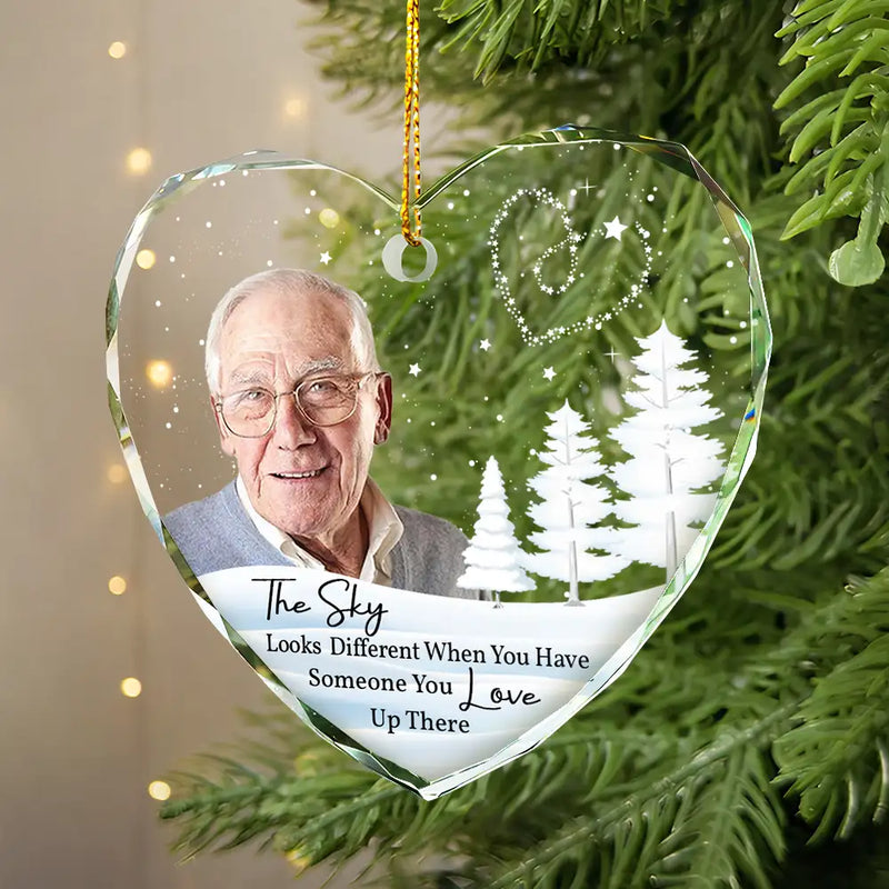 Memorial, Family, Parents, Gift For Grandparents, Gift For Sibling - Custom Photo The Sky Looks Different Memorial Family - Personalized Glass Ornament