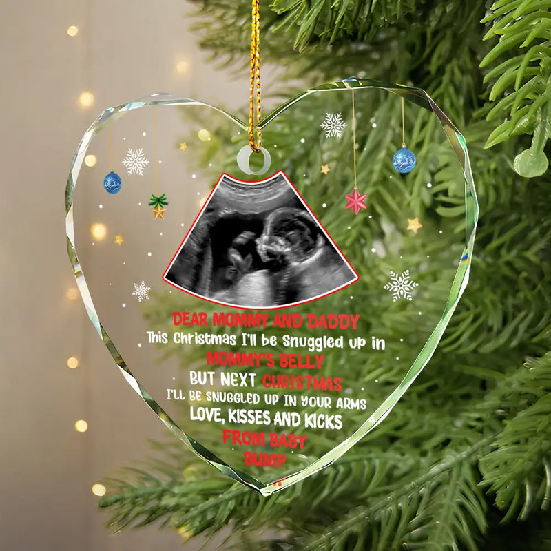 Christmas,Happy,New baby,New Dad,New Mom,Parents - Custom Photo This Christmas I'll Be Snuggled Up Newborn Baby - Personalized Heart Shaped Glass Ornament