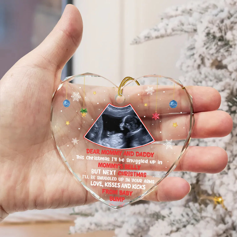 Christmas,Happy,New baby,New Dad,New Mom,Parents - Custom Photo This Christmas I'll Be Snuggled Up Newborn Baby - Personalized Heart Shaped Glass Ornament