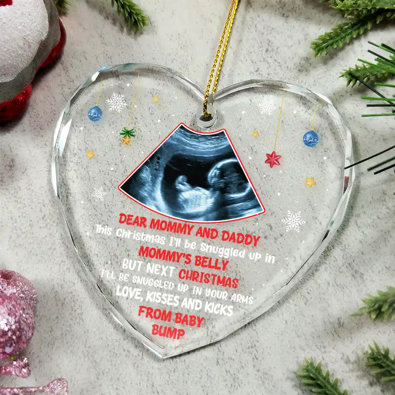 Christmas,Happy,New baby,New Dad,New Mom,Parents - Custom Photo This Christmas I'll Be Snuggled Up Newborn Baby - Personalized Heart Shaped Glass Ornament