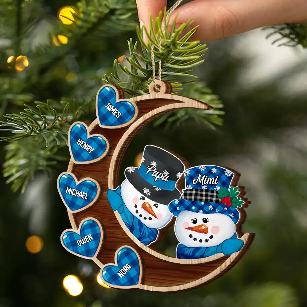 Family,Gift For Grandparents,Gift For Grandma,Gift For Grandpa - Papa Nana Snowman Family Christmas Grandparents - Personalized 2-Layered Wooden Ornament