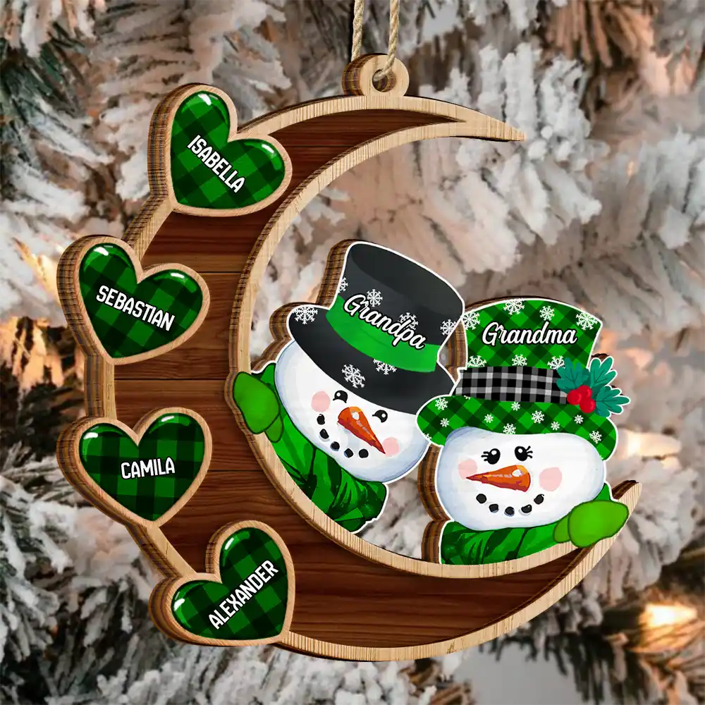 Family,Gift For Grandparents,Gift For Grandma,Gift For Grandpa - Papa Nana Snowman Family Christmas Grandparents - Personalized 2-Layered Wooden Ornament