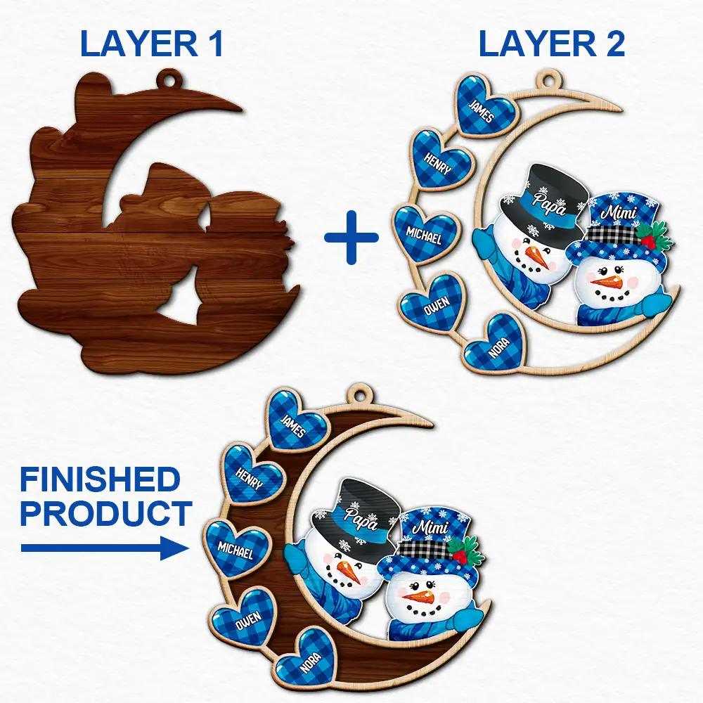 Family,Gift For Grandparents,Gift For Grandma,Gift For Grandpa - Papa Nana Snowman Family Christmas Grandparents - Personalized 2-Layered Wooden Ornament