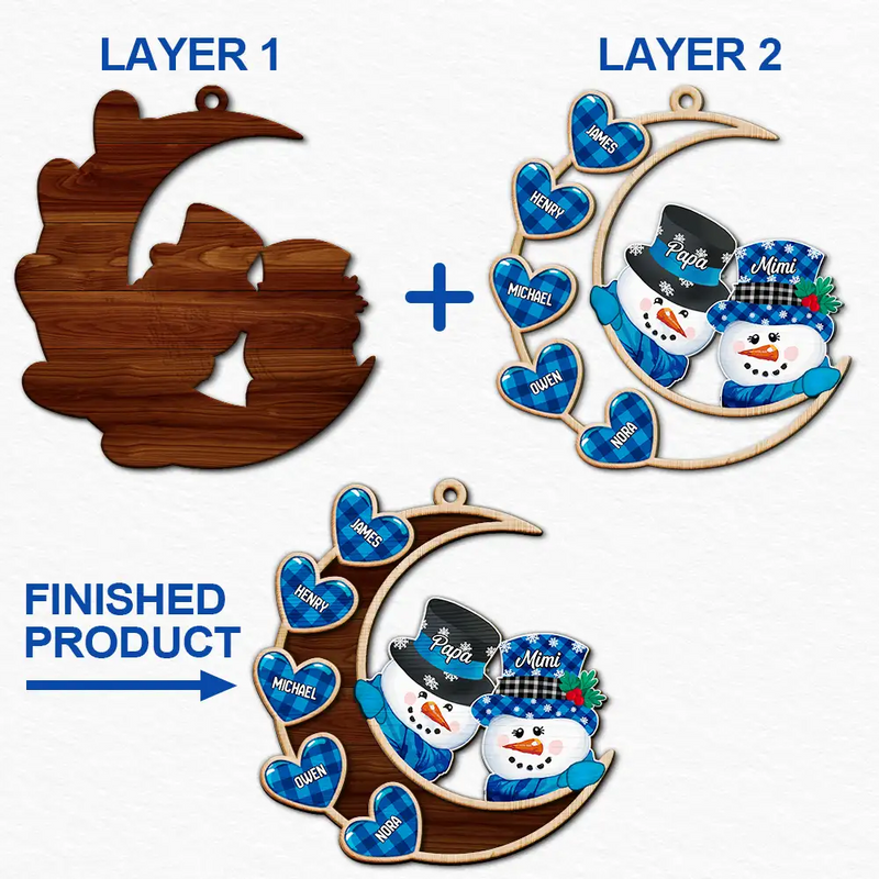 Family,Gift For Grandparents,Gift For Grandma,Gift For Grandpa - Papa Nana Snowman Family Christmas Grandparents - Personalized 2-Layered Wooden Ornament