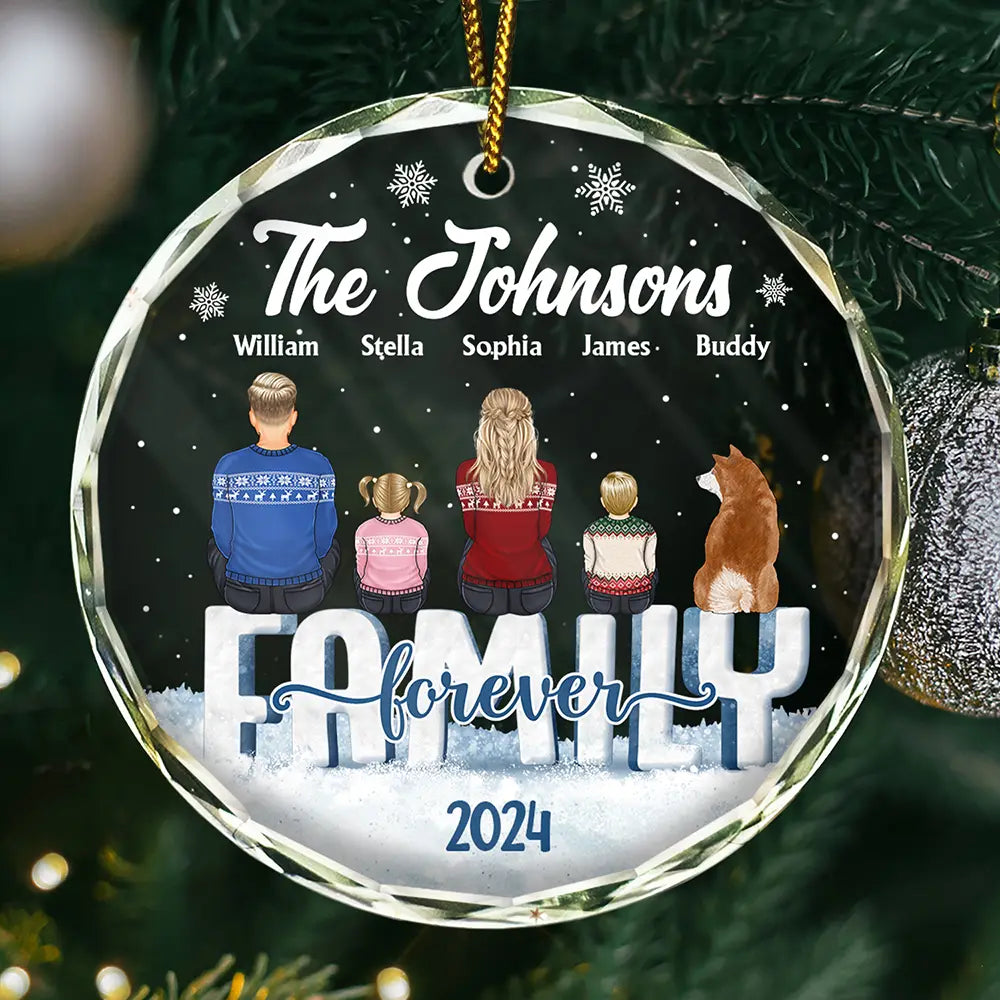 Family, Pet Lovers - Christmas Family Dog Cat - Personalized Circle Glass Ornament