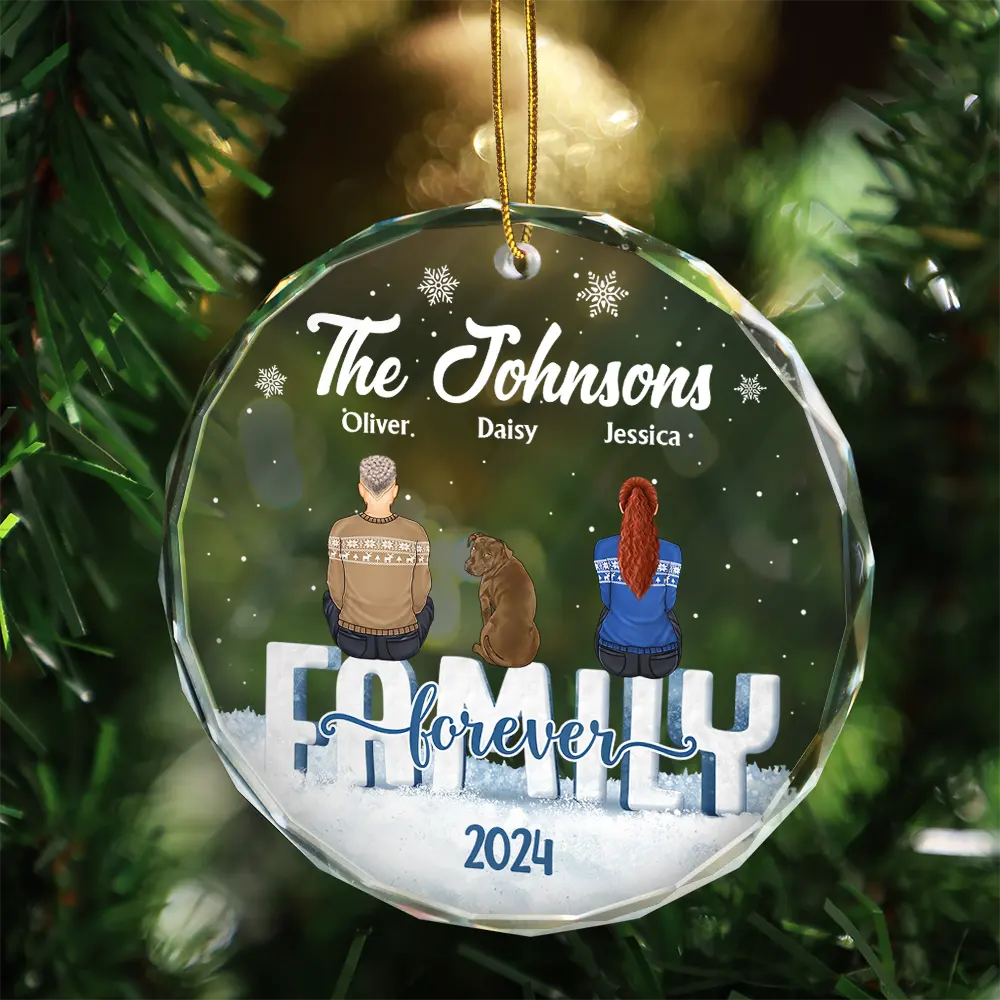 Family, Pet Lovers - Christmas Family Dog Cat - Personalized Circle Glass Ornament