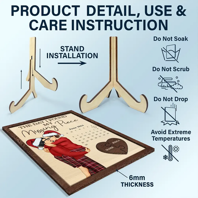 Christmas,Love,Gift For Couples,Gift For Husband,Gift For Wife,Gift For Boyfriend,Gift For Girlfriend,Anniversary - The Day I Found My Missing Piece Kissing Couples Calendar - Personalized 2-Layered Wooden Plaque With Stand